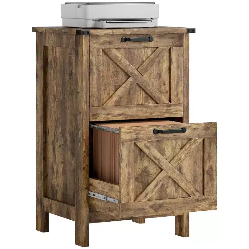 Meuble de rangement vertical HOMCOM avec 2 tiroirs à glissières silencieuses, meuble de rangement de style rustique avec portes coulissantes pour documents A4/format Lettre, support d'imprimante