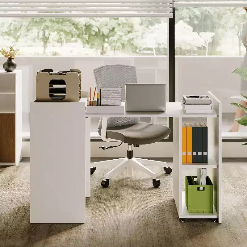 Acekool 50 Folding Computer Desk with Bookshelf and Wheels, Home Office Writing Table with Storage for Bedroom or Study