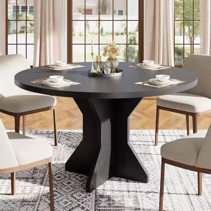 Round Dining Table for 4-6 People - 47 Circle Kitchen Dinner Table with Sturdy Pedestal Base, Small Spaces Dinning Room Furniture for Kitchen