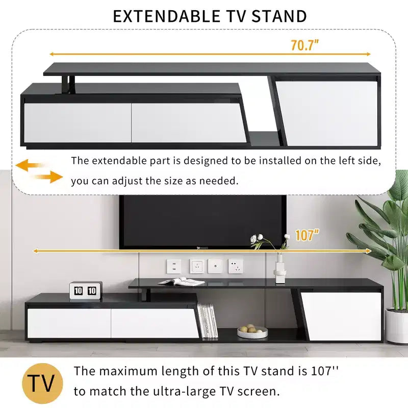 CLIHOME Meuble TV rectangulaire extensible, moderne et minimaliste, avec tiroirs et placard, jusqu'à 100