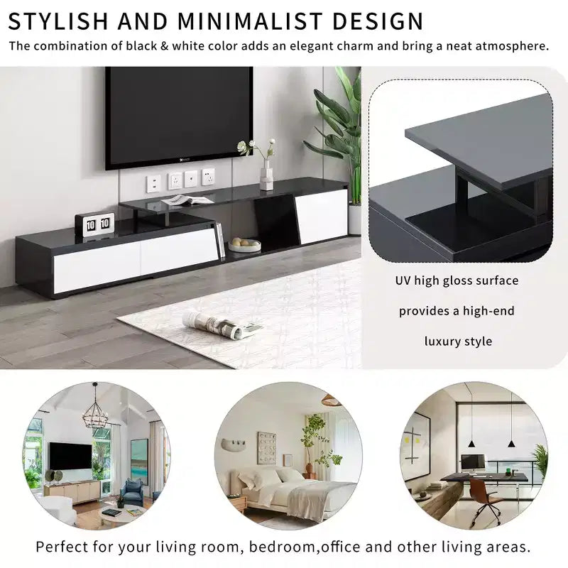 CLIHOME Meuble TV rectangulaire extensible, moderne et minimaliste, avec tiroirs et placard, jusqu'à 100