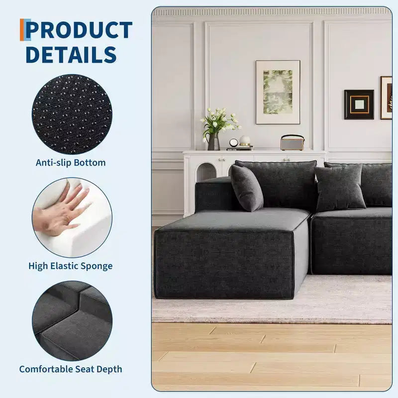 106.7Canapé sectionnel, Canapés modulables Cloud avec méridienne, Canapés sectionnels en polyester en forme de L, Canapé moderne rembourré avec assise profonde