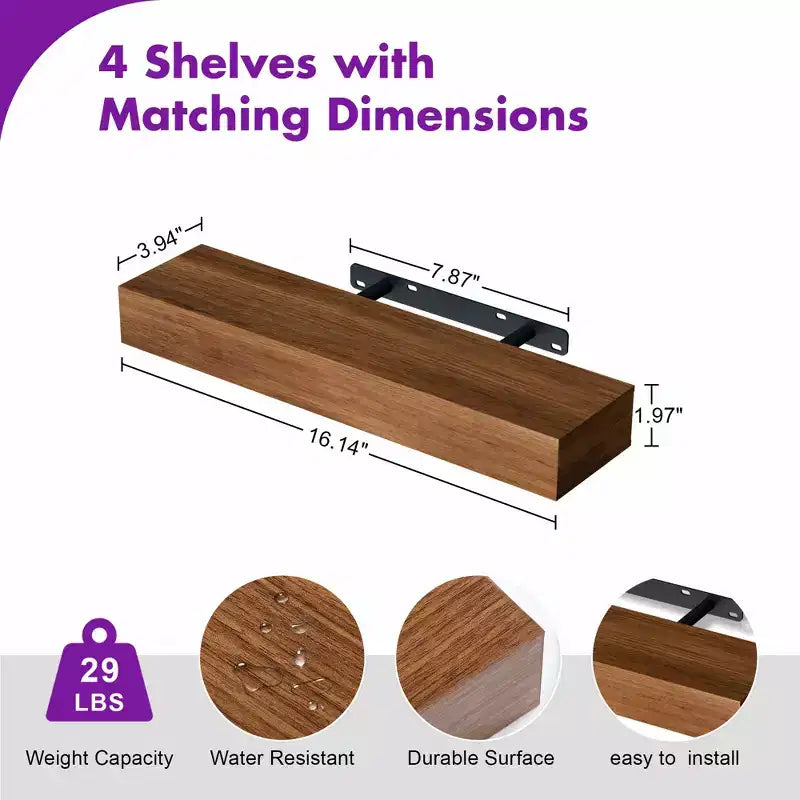 Lot de 4 étagères murales flottantes en bois pour salle de bain, cuisine, salon (lot de 4)