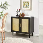 JVNOXK Buffet avec portes en rotin naturel et étagères réglables Meuble de rangement en rotin pour chambres et salons Noir