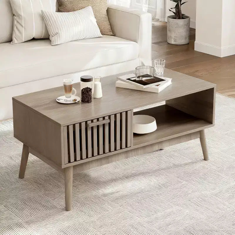 Coffee Table,39.4  Center Table with Storage Drawer, Open Shelf,Rectangle Coffee Table with Wooden Legs for Living Room,Easy Assembly