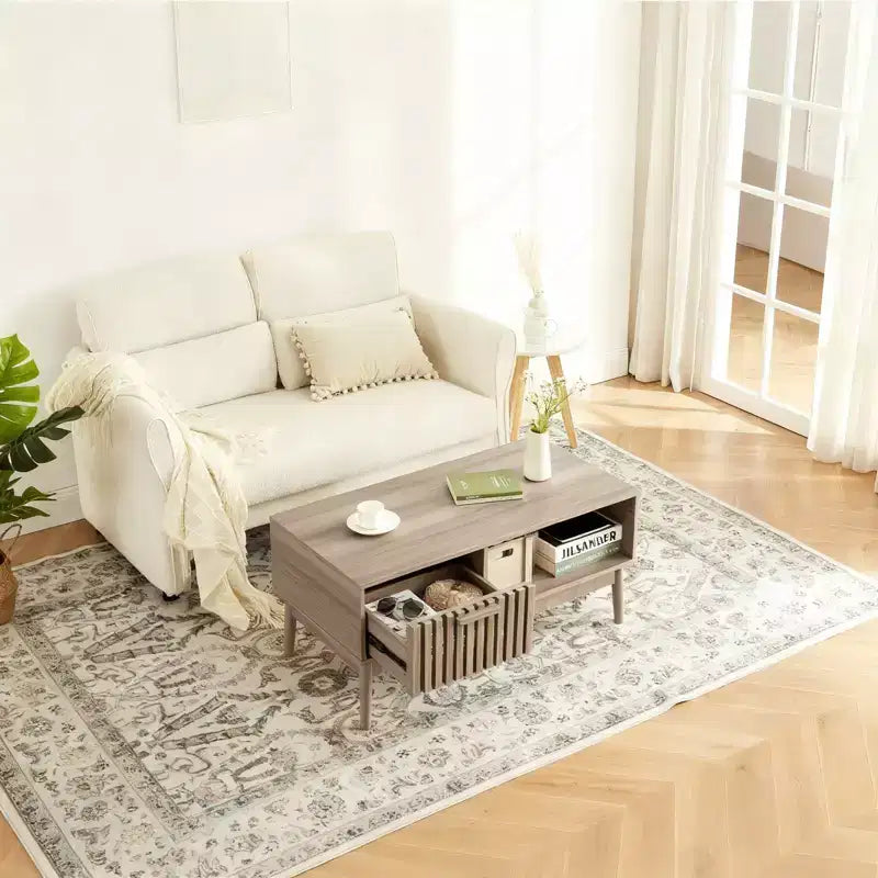 Table basse, table centrale de 100 cm avec tiroir de rangement, étagère ouverte, table basse rectangulaire avec pieds en bois pour salon, assemblage facile