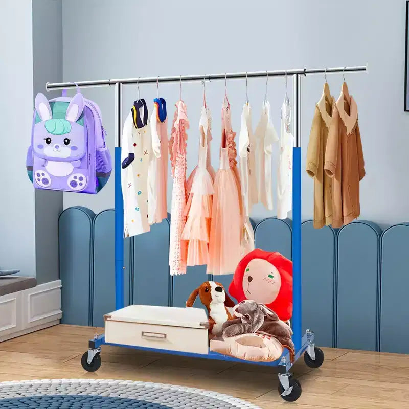 Kids Rolling Clothes Rack with Wheels, Adjustable Metal Hanging Rack for Childrens Room, Closet & Balcony