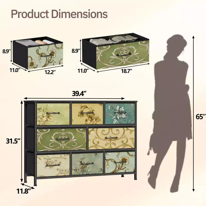 Commode large à 8 tiroirs, en tissu, plateau en bois rustique, cadre en métal industriel, grande unité de rangement, chambre à coucher, salon, placard