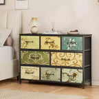 Commode large à 8 tiroirs, en tissu, plateau en bois rustique, cadre en métal industriel, grande unité de rangement, chambre à coucher, salon, placard