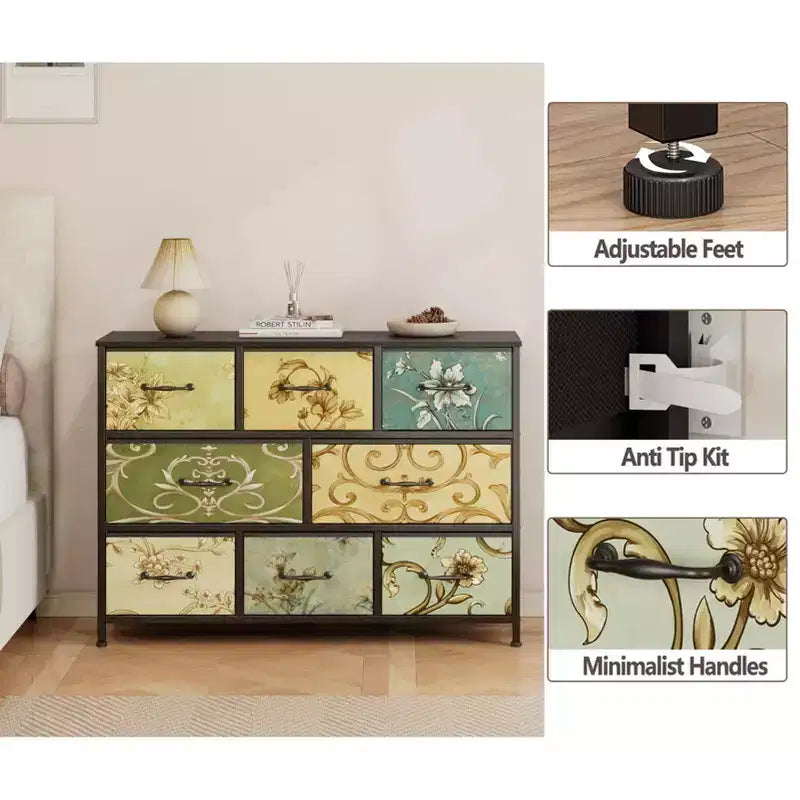 Commode large à 8 tiroirs, en tissu, plateau en bois rustique, cadre en métal industriel, grande unité de rangement, chambre à coucher, salon, placard