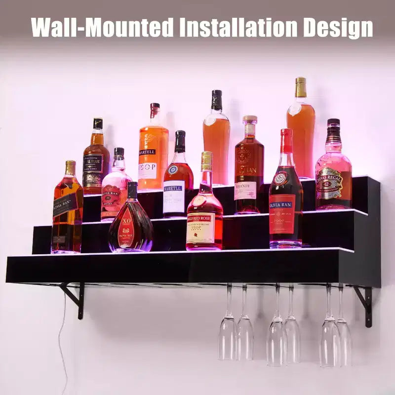 Étagère de présentation de bouteilles de liqueur à 3 niveaux et 48 pouces avec éclairage LED, 16 couleurs, 4 modes, télécommande et contrôle par application, étagère de bar murale en acrylique pour la maison/la cuisine