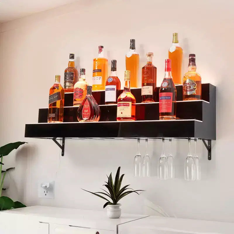 Étagère de présentation de bouteilles de liqueur à 3 niveaux et 48 pouces avec éclairage LED, 16 couleurs, 4 modes, télécommande et contrôle par application, étagère de bar murale en acrylique pour la maison/la cuisine
