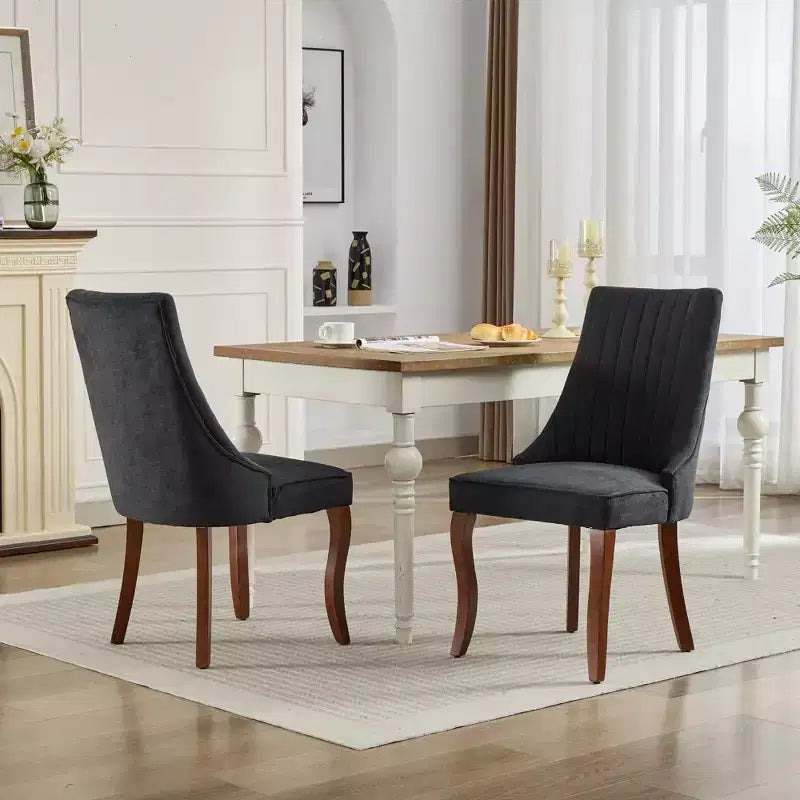 Lot de 2 chaises de salle à manger Okak en tissu de rayonne floqué et lin, chaises de salle à manger rembourrées avec pieds incurvés en bois massif, chaises de cuisine pour salle à manger