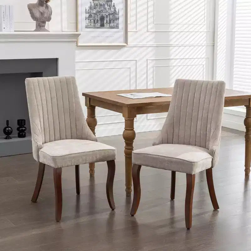 Lot de 2 chaises de salle à manger Okak en tissu de rayonne floqué et lin, chaises de salle à manger rembourrées avec pieds incurvés en bois massif, chaises de cuisine pour salle à manger