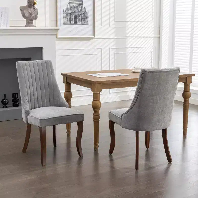 Lot de 2 chaises de salle à manger Okak en tissu de rayonne floqué et lin, chaises de salle à manger rembourrées avec pieds incurvés en bois massif, chaises de cuisine pour salle à manger