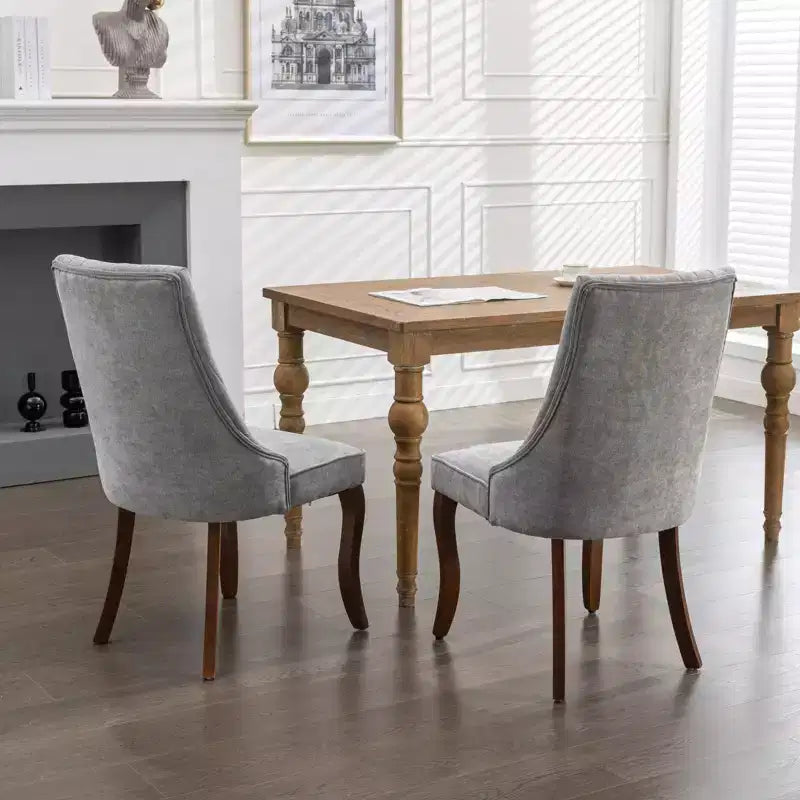 Lot de 2 chaises de salle à manger Okak en tissu de rayonne floqué et lin, chaises de salle à manger rembourrées avec pieds incurvés en bois massif, chaises de cuisine pour salle à manger