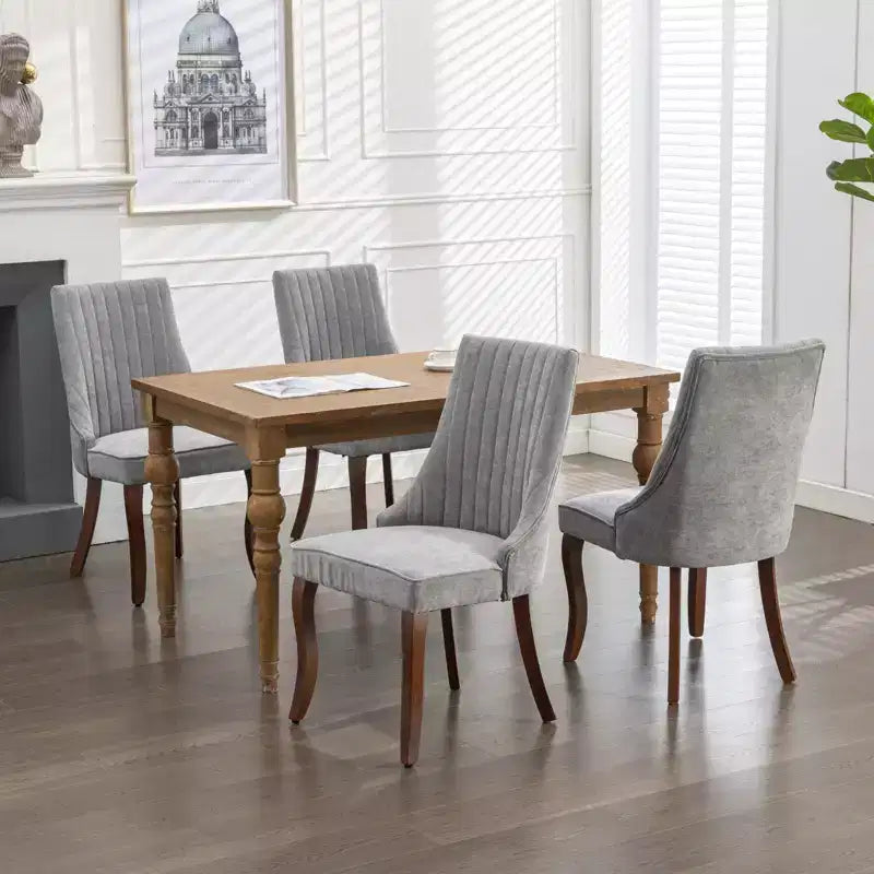 Lot de 2 chaises de salle à manger Okak en tissu de rayonne floqué et lin, chaises de salle à manger rembourrées avec pieds incurvés en bois massif, chaises de cuisine pour salle à manger