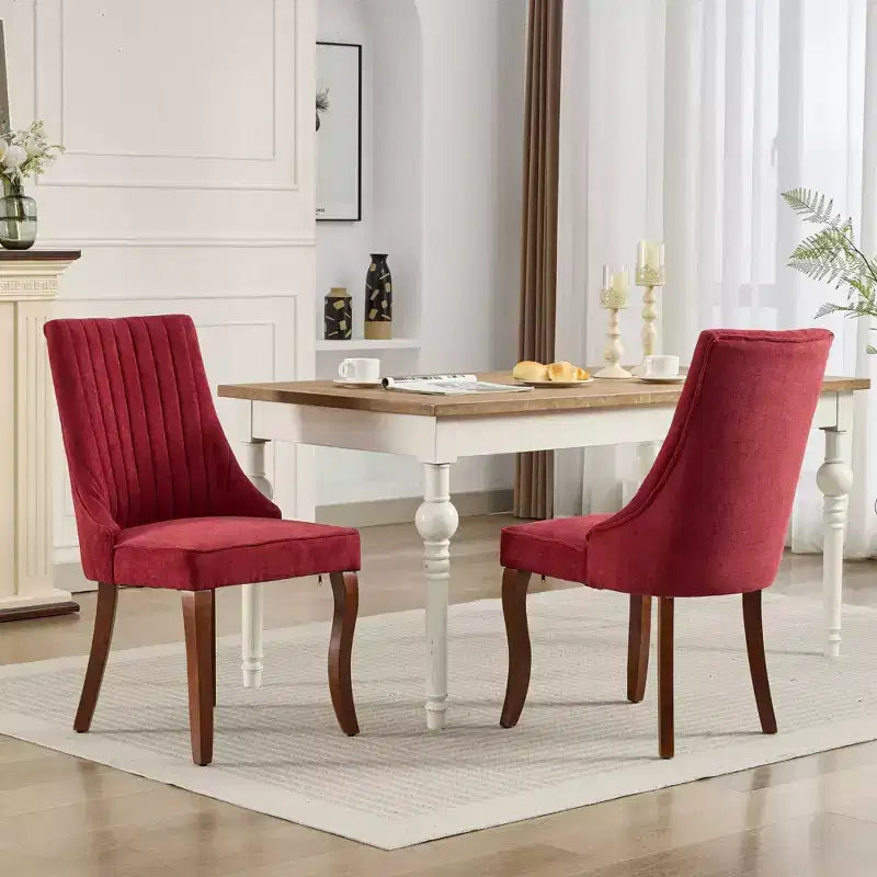 Lot de 2 chaises de salle à manger Okak en tissu de rayonne floqué et lin, chaises de salle à manger rembourrées avec pieds incurvés en bois massif, chaises de cuisine pour salle à manger
