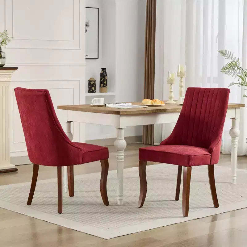 Lot de 2 chaises de salle à manger Okak en tissu de rayonne floqué et lin, chaises de salle à manger rembourrées avec pieds incurvés en bois massif, chaises de cuisine pour salle à manger