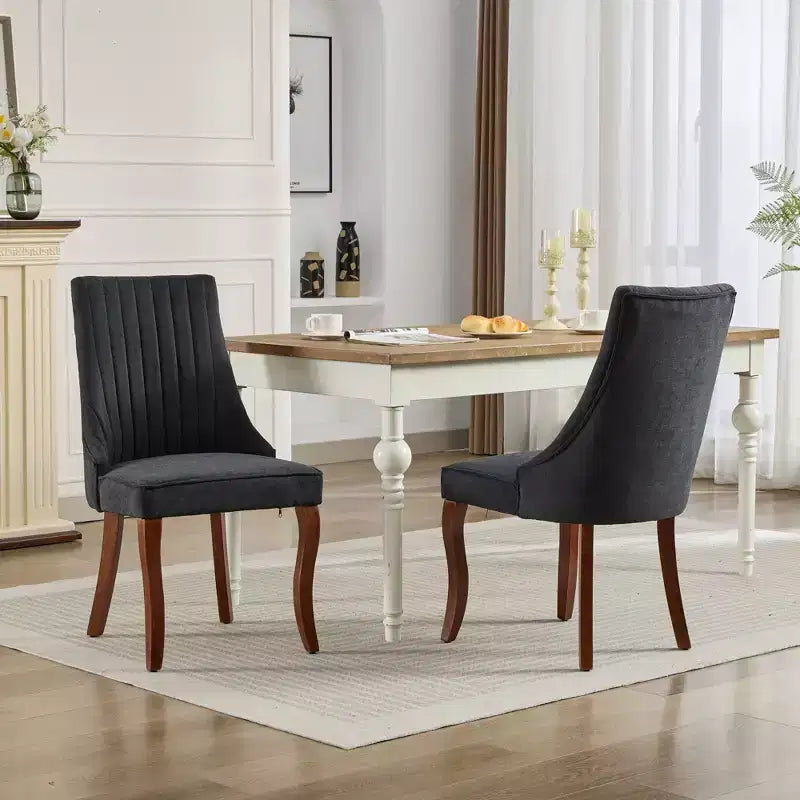 Lot de 2 chaises de salle à manger Okak en tissu de rayonne floqué et lin, chaises de salle à manger rembourrées avec pieds incurvés en bois massif, chaises de cuisine pour salle à manger