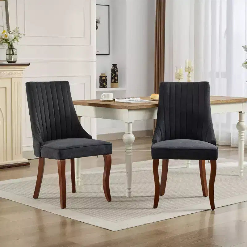 Lot de 2 chaises de salle à manger Okak en tissu de rayonne floqué et lin, chaises de salle à manger rembourrées avec pieds incurvés en bois massif, chaises de cuisine pour salle à manger