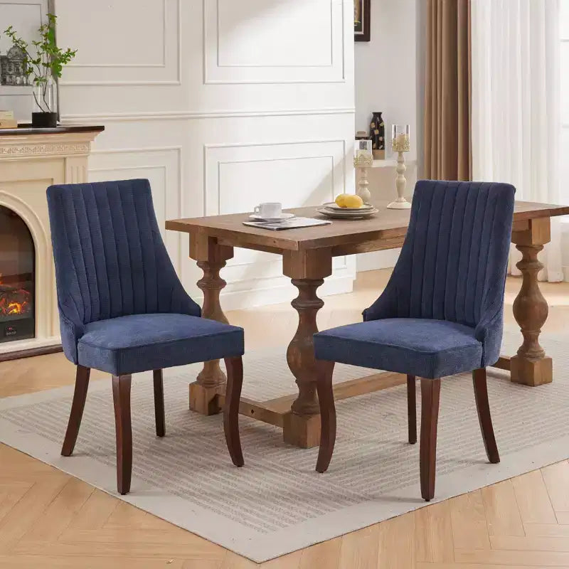 Lot de 2 chaises de salle à manger Okak en tissu de rayonne floqué et lin, chaises de salle à manger rembourrées avec pieds incurvés en bois massif, chaises de cuisine pour salle à manger