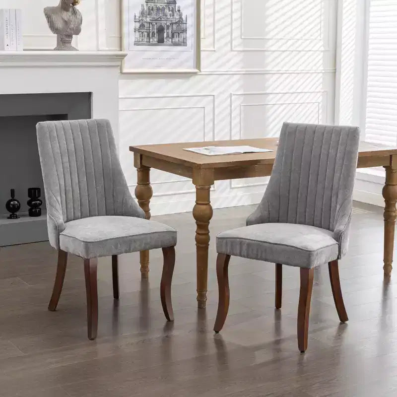 Lot de 2 chaises de salle à manger Okak en tissu de rayonne floqué et lin, chaises de salle à manger rembourrées avec pieds incurvés en bois massif, chaises de cuisine pour salle à manger