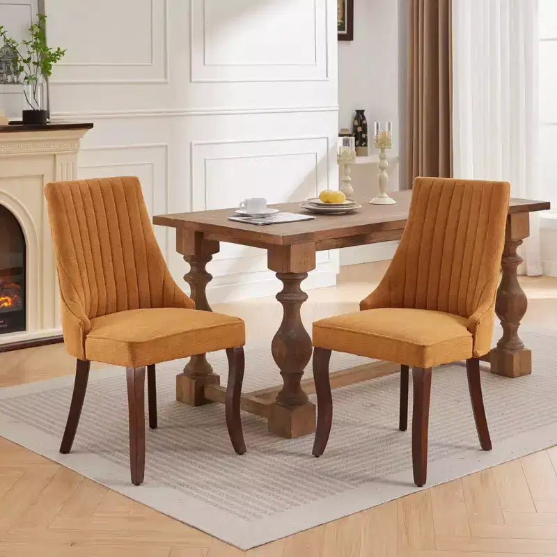 Lot de 2 chaises de salle à manger Okak en tissu de rayonne floqué et lin, chaises de salle à manger rembourrées avec pieds incurvés en bois massif, chaises de cuisine pour salle à manger