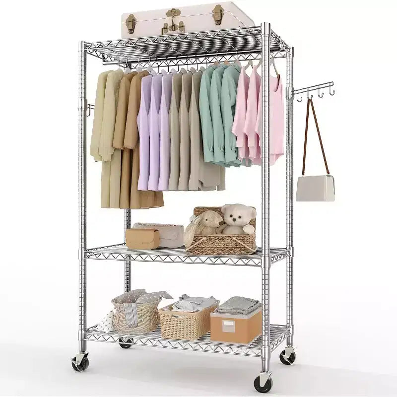 Portant à vêtements robuste avec tuyaux de 22 mm, portant à vêtements en métal de 315 kg, portants à vêtements avec étagères de rangement réglables, tringle à suspendre et crochets latéraux
