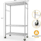 Portant à vêtements robuste avec tuyaux de 22 mm, portant à vêtements en métal de 315 kg, portants à vêtements avec étagères de rangement réglables, tringle à suspendre et crochets latéraux