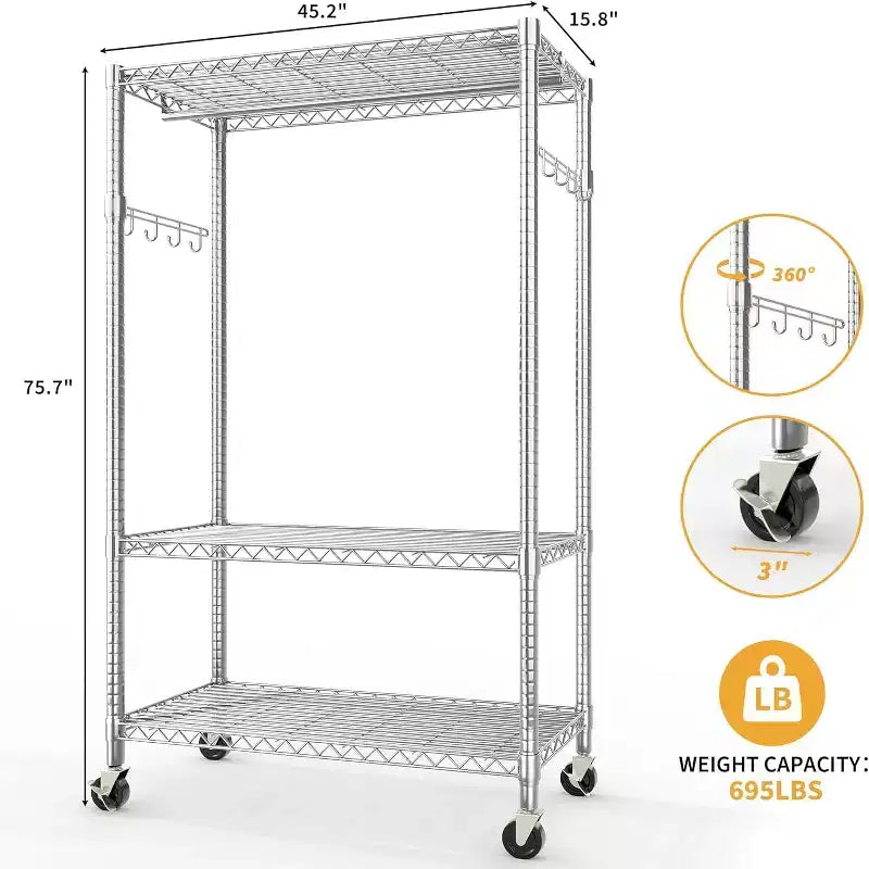 Portant à vêtements robuste avec tuyaux de 22 mm, portant à vêtements en métal de 315 kg, portants à vêtements avec étagères de rangement réglables, tringle à suspendre et crochets latéraux