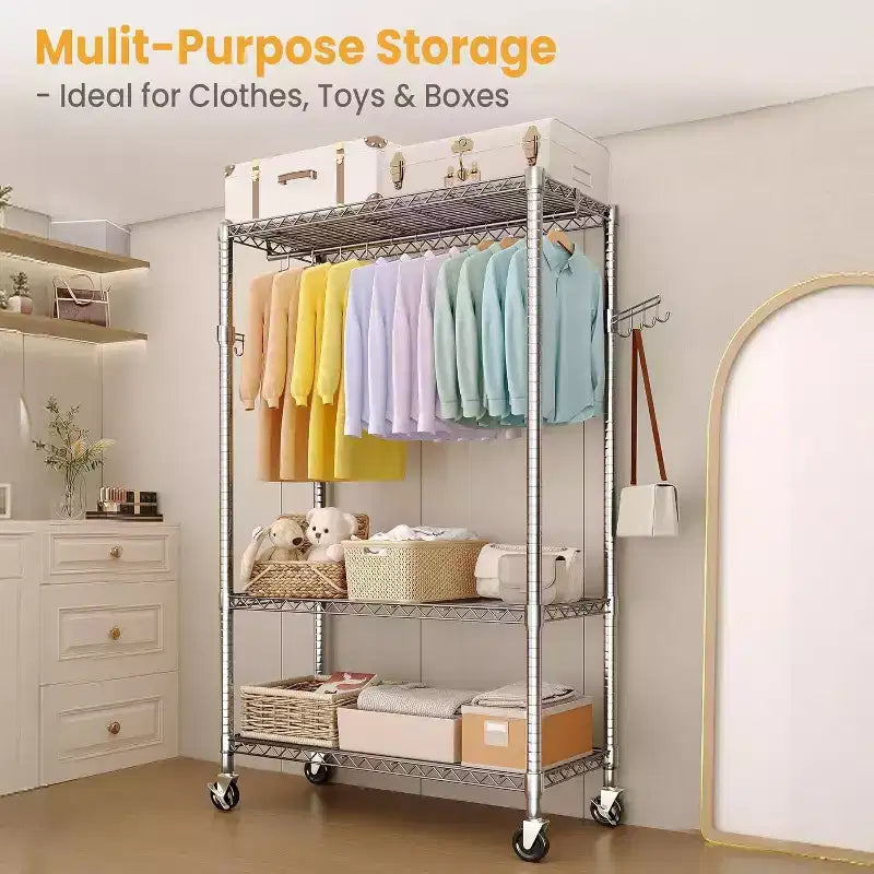 Portant à vêtements robuste avec tuyaux de 22 mm, portant à vêtements en métal de 315 kg, portants à vêtements avec étagères de rangement réglables, tringle à suspendre et crochets latéraux