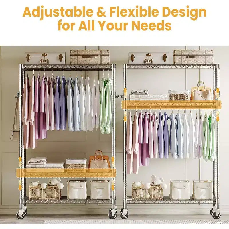 Portant à vêtements robuste avec tuyaux de 22 mm, portant à vêtements en métal de 315 kg, portants à vêtements avec étagères de rangement réglables, tringle à suspendre et crochets latéraux
