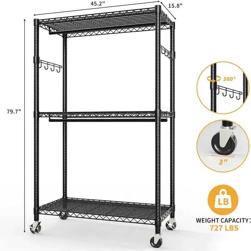 Portant à vêtements robuste avec tuyaux de 22 mm, portant à vêtements en métal de 315 kg, portants à vêtements avec étagères de rangement réglables, tringle à suspendre et crochets latéraux