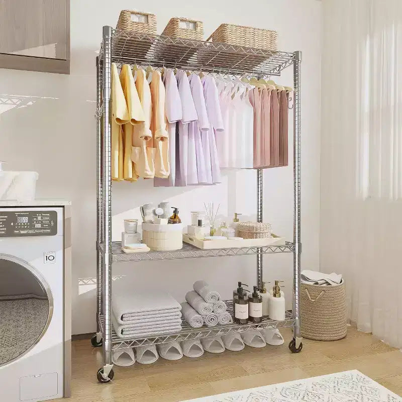 Portant à vêtements robuste avec tuyaux de 22 mm, portant à vêtements en métal de 315 kg, portants à vêtements avec étagères de rangement réglables, tringle à suspendre et crochets latéraux