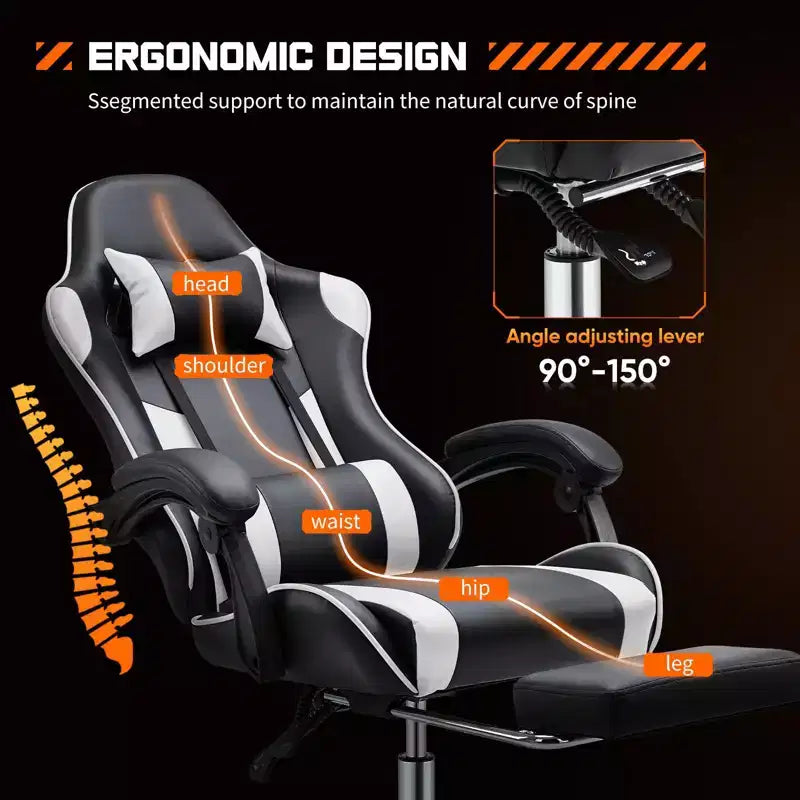 Chaise de jeu ergonomique TUYOHW avec repose-pieds, fauteuil inclinable en cuir PU avec appuie-tête et accoudoir fixe, chaise d'ordinateur pour le bureau et l'étude