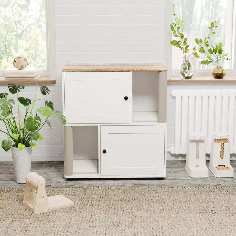 Modern Wooden Double Cat Litter Box Enclosure with Scratching Posts & Hidden Storage, Indoor Pet House End Table for 2 Cats