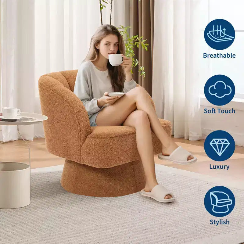 Fauteuil pivotant moderne en forme de tonneau, fauteuil rembourré en tissu Teddy à 360° avec dossier rayé et rembourrage moelleux, chaise longue ronde confortable, lot de 2