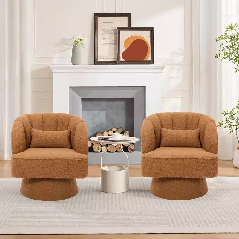 Fauteuil pivotant moderne en forme de tonneau, fauteuil rembourré en tissu Teddy à 360° avec dossier rayé et rembourrage moelleux, chaise longue ronde confortable, lot de 2