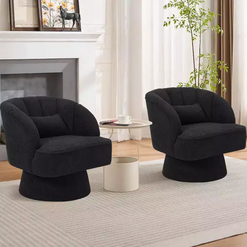 Fauteuil pivotant moderne en forme de tonneau, fauteuil rembourré en tissu Teddy à 360° avec dossier rayé et rembourrage moelleux, chaise longue ronde confortable, lot de 2