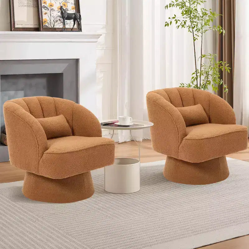 Fauteuil pivotant moderne en forme de tonneau, fauteuil rembourré en tissu Teddy à 360° avec dossier rayé et rembourrage moelleux, chaise longue ronde confortable, lot de 2
