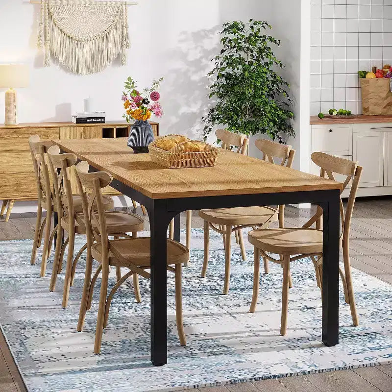 Table à manger Lantine de 199,9 cm de long pour 6-8 personnes, table à dîner rectangulaire industrielle rustique avec pieds en métal robuste, naturel