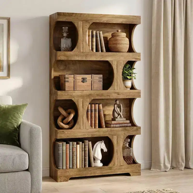 Bibliothèque MAYEERTY à 4 niveaux en S, étagère haute en bois bicolore noir et marron