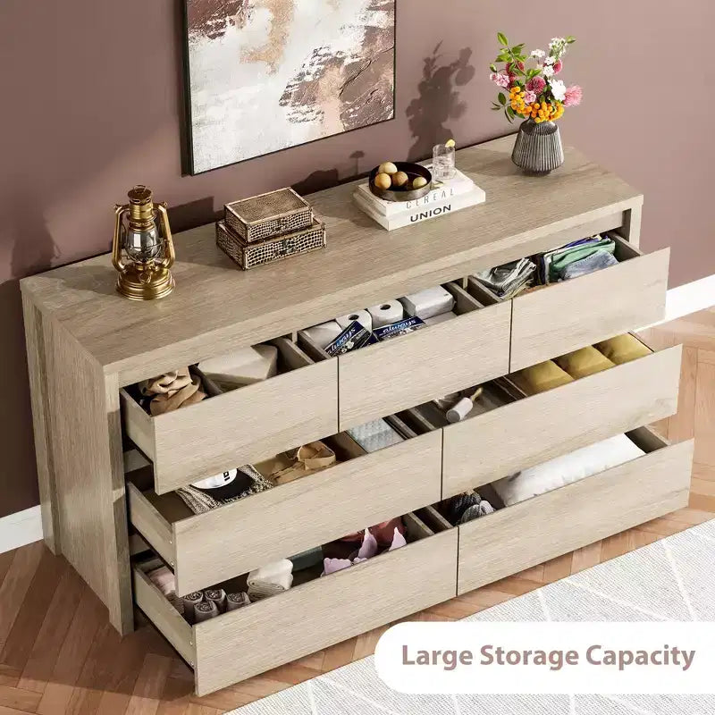 Commode à 7 tiroirs pour chambre à coucher, Grande commode moderne, Grande commode en bois de rangement pour salon, couloir, entrée