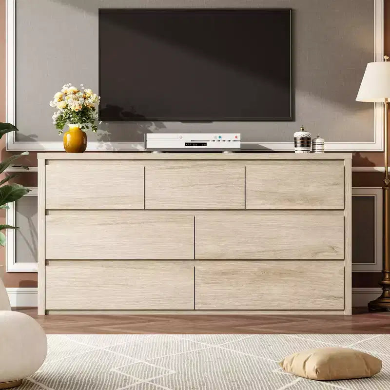 7 Drawer Dresser for Bedroom, Wide Modern Chest of Drawers, Large Wood Dresser Wooden Storage Organizer for Living Room, Hallway Entryway
