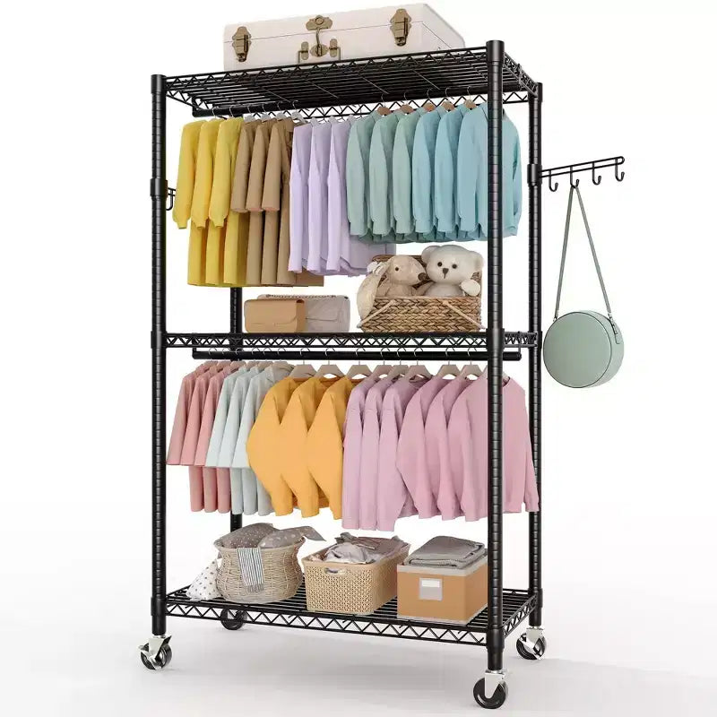 Portant à vêtements roulant à 3 niveaux COZONY - Organiseur de vêtements en métal robuste avec deux tringles et étagères