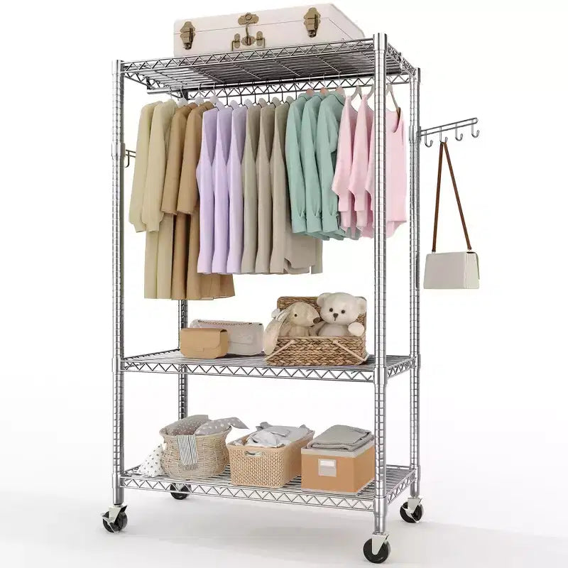 COZONY 3-Tier Rolling Garment Rack - Heavy Duty Metal Clothes Organizer w/ Dual Rods & Shelves