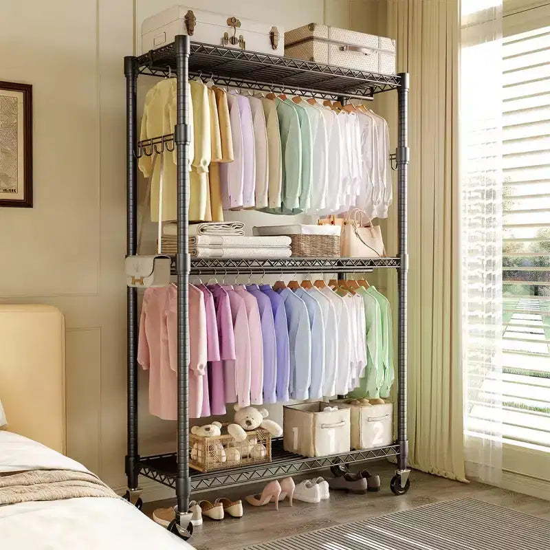 Portant à vêtements roulant à 3 niveaux COZONY - Organiseur de vêtements en métal robuste avec deux tringles et étagères