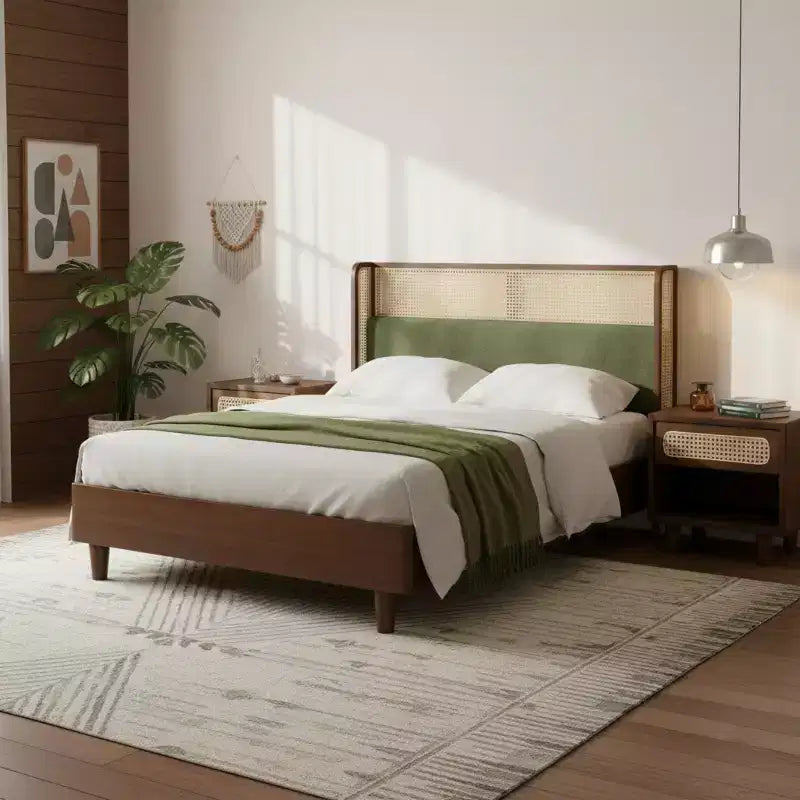 Cadre de lit plateforme Queen/King avec tête de lit capitonnée à oreilles et cadre en bois robuste, bohème - ModernLuxe