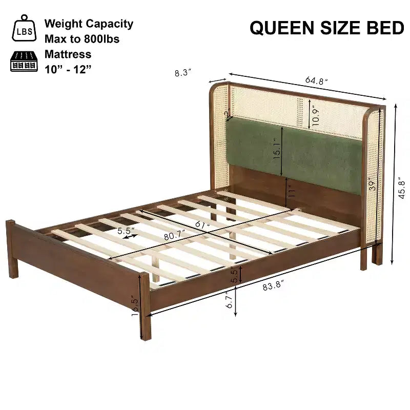 Cadre de lit plateforme Queen/King avec tête de lit capitonnée à oreilles et cadre en bois robuste, bohème - ModernLuxe